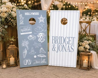 Custom Wedding Cornhole Wraps: Illustrated Love Story, Waterproof Vinyl Skins