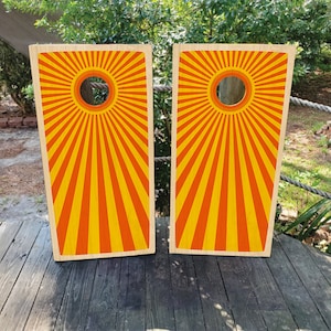 Envolturas para Cornhole IMPERMEABLES Y SIN DECOLORACIÓN / Grano de madera natural / Amarillo / Naranja / Rayos de sol / Regalo personalizado / Envoltura para Cornhole personalizada / Brillante