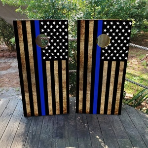 WATERPROOF & NON FADING Cornhole Board Wraps - Distressed Thin Blue Line Flag - Easy to Apply, Custom Stickers, Police Support, Veteran