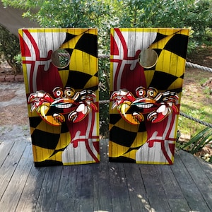 WATERPROOF & NON FADING Cornhole Board Wraps - Baltimore Maryland Crab Flag - Easy to Apply, Weatherproof, Laminated, High Quality, Custom