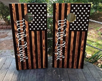 WATERPROOF & NON FADING Cornhole Board Wraps - We The People Burnt American Flag - Easy to Apply, Weatherproof, Laminated, Custom Designs