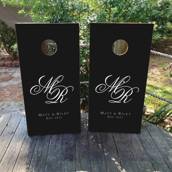 WATERPROOF & NON FADING Custom Wedding Cornhole Wraps / Black and White / Elegant / Cursive / Sleek / Personalized Wedding Gifts / Minimal