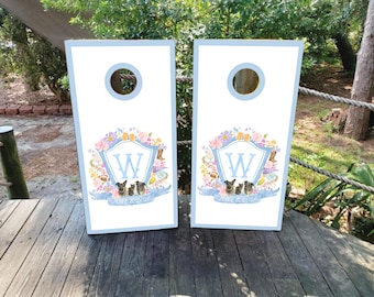Custom Wedding Cornhole Wraps, Floral Crest, Waterproof & Non-Fading
