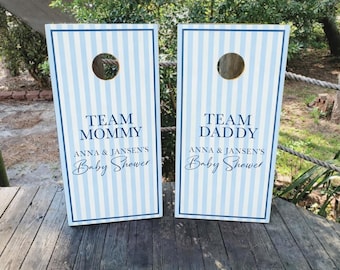 WATERPROOF & NON-FADING Custom Baby Shower Cornhole Wraps / Blue Stripped Design / Gender Reveal Party Game