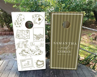 Custom Wedding Cornhole Wraps: Illustrated Love Story, Waterproof Vinyl Skins