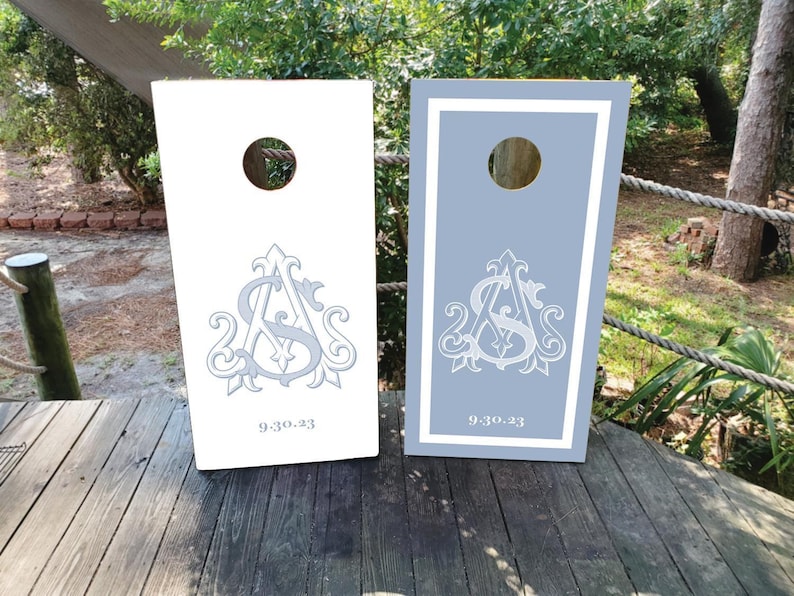 WATERPROOF & NON-FADING Custom Wedding Cornhole Wraps / Wedding Logo / Elegant / Monogram / Blue and White / Personalized Wedding Gift /
