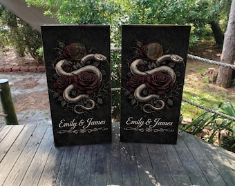 WATERPROOF & NON-FADING Custom Wedding Cornhole Wraps / Gothic Design featuring a Snake, Roses and Personalized with Names