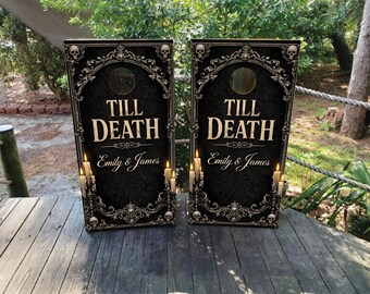 WATERPROOF & NON-FADING Custom Wedding Cornhole Wraps / Gothic Design featuring "Till Death" and Personalized with Names