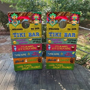 WATERPROOF & NON FADING Cornhole Wraps / Welcome to Our Tiki Bar / Backyard Games / Beach Bar / Natural Wood Grain / Custom Gift