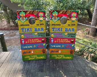 WATERPROOF & NON FADING Cornhole Wraps / Welcome to Our Tiki Bar / Backyard Games / Beach Bar / Natural Wood Grain / Custom Gift