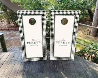 Custom Wedding Cornhole Wraps and Boards / Checkered Black and Ivory Design