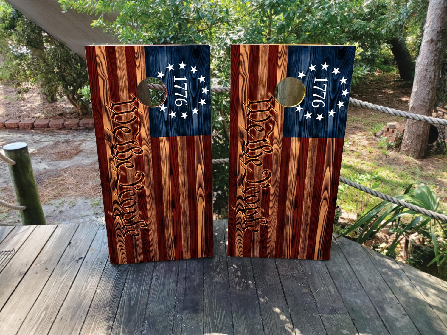 We the People 1776 American Flag Cornhole Wraps – Burnt Wood