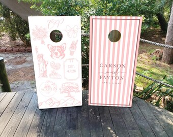 Custom Wedding Cornhole Wraps: Illustrated Love Story, Waterproof Vinyl Skins