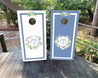 Custom Wedding Cornhole Wraps, Floral Crest, Waterproof & Non-Fading