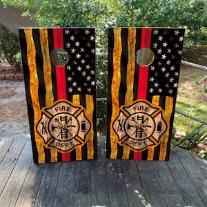 WATERPROOF & NON FADING Cornhole Board Wraps - Thin Red Line Firefighter American Flag - Easy to Apply, Weatherproof, Laminated, Pro