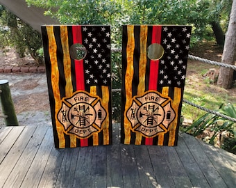 WATERPROOF & NON FADING Cornhole Board Wraps - Thin Red Line Firefighter American Flag - Easy to Apply, Weatherproof, Laminated, Pro