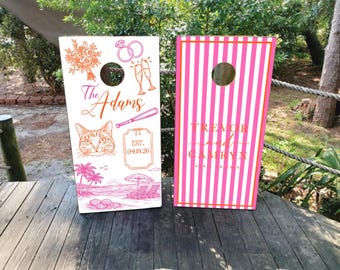 Custom Wedding Cornhole Wraps: Illustrated Love Story, Waterproof Vinyl Skins