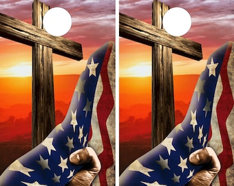 WATERPROOF & NON FADING Cornhole Board Wraps - Sunset Cross and American Flag - Easy to Apply, Laminated, Weatherproof, High Quality, Custom