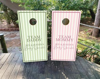 WATERPROOF & NON-FADING Custom Baby Shower Cornhole Wraps / Sage Green and Pink Stripped Design / Gender Reveal Party Game