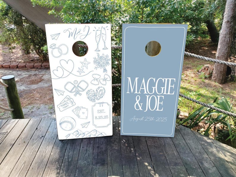 Custom Wedding Cornhole Wraps: Illustrated Love Story, Waterproof Vinyl ...