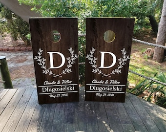 WATERPROOF & NON-FADING Custom Wedding Cornhole Wraps / Rustic Dark Wood Grain Design with a Laurel Wreath / Personalized with Name and Date