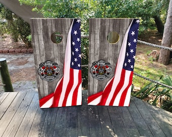 WATERPROOF & NON FADING Cornhole Board Wraps - American Flag Fire Fighter Theme - Easy to Install, Weatherproof, Laminated, Wood Grain