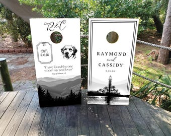 Custom Wedding Cornhole Wraps: Illustrated Love Story, Waterproof Vinyl Skins