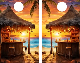 WATERPROOF & NON FADING Cornhole Wraps / Sunset Beach Tiki Bar / Tiki Hut / Custom Gift / Personalized Cornhole Wrap / Custom Beach Wedding