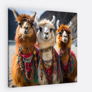 Llama Trio Adventure – Boho Coastal Canvas Print | Colorful Llamas on the Beach, Vibrant Wall Art for Home, Nursery, or Farmhouse Décor