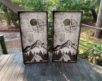WATERPROOF & NON FADING Cornhole Board Wraps - Mountain and Compass - Easy to Apply, Weatherproof, Laminated, High Quality, Professional
