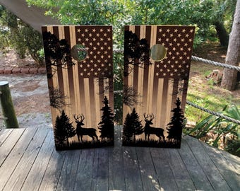Deer Hunter Cornhole Board Wraps: American Flag Wood Grain, Waterproof Decals