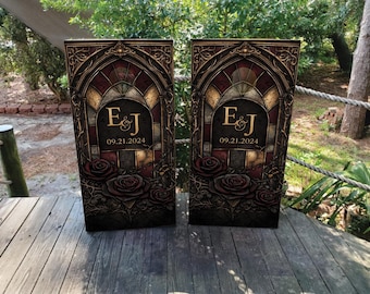 WATERPROOF & NON-FADING Custom Wedding Cornhole Wraps / Gothic Design featuring Stained Glass, Roses and Personalized with a Name and Date