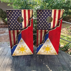 WATERPROOF & Non-Fading Cornhole Board Wraps -  Philippines USA Flag - Patriotic American Filipino - Laminated /Easy to Apply Cornhole Skins