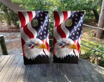 WATERPROOF & NON FADING Cornhole Board Wraps - American Flag and Bald Eagle - Easy To Apply, Laminated, Weatherproof, Custom Designs