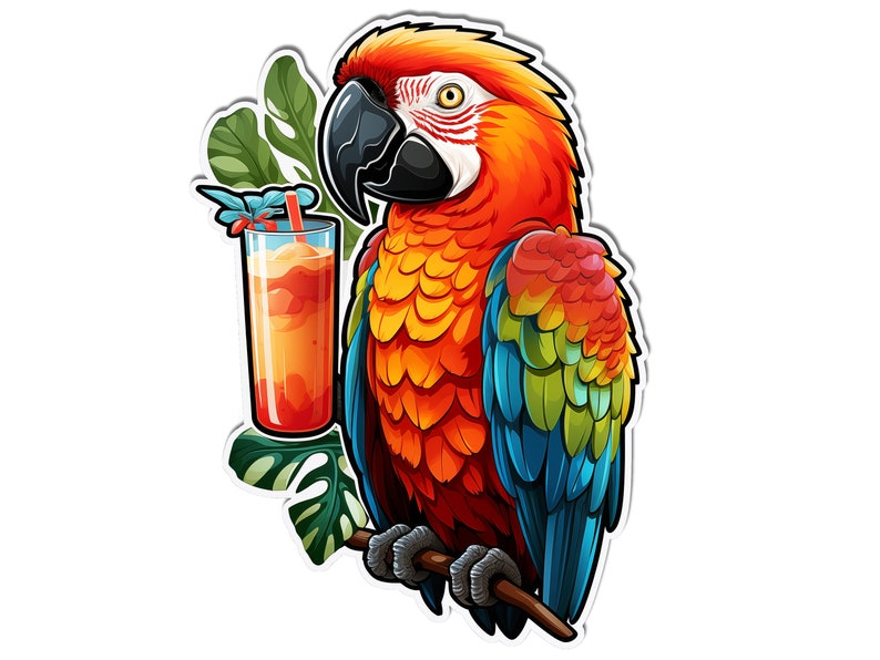 May include: A colorful macaw parrot with red, orange, blue, and green feathers is holding a glass of orange juice with a straw. The parrot is perched on a branch with tropical leaves in the background.