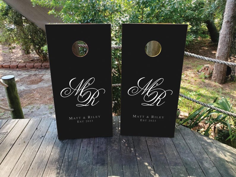WATERPROOF & NON FADING Custom Wedding Cornhole Wraps / Black and White / Elegant / Cursive / Sleek / Personalized Wedding Gifts / Minimal