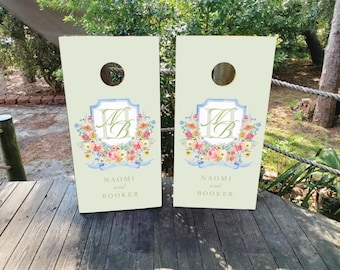 Custom Wedding Cornhole Wraps, Floral Crest, Waterproof & Non-Fading