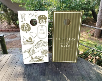 WATERPROOF & NON-FADING Custom Wedding Cornhole Wraps / Wedding Logo / Elegant / Olive and White / Personalized Wedding Gift