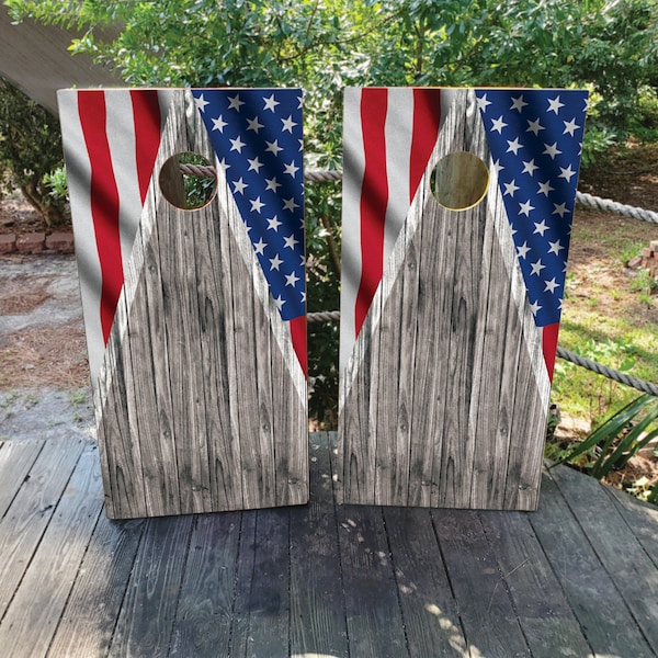 Rivestimenti per tabelloni Cornhole con bandiera americana, impermeabili e resistenti allo sbiadimento! Facili da applicare, design personalizzati, logo personalizzato, design Cornhole creativi, patriottici