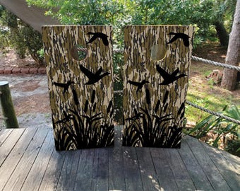 WATERPROOF & NONFADING Cornhole Board Wraps - Duck Hunting Camo Reeds / Camouflage / Easy to Apply Laminated Cornhole Skins