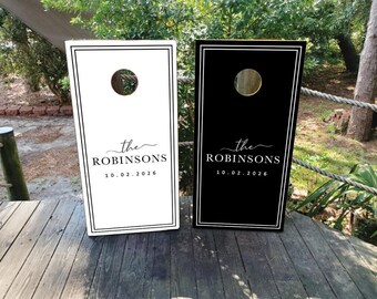 WATERPROOF & NON FADING Custom Wedding Cornhole Wraps / Black and White / Elegant / Cursive / Sleek / Personalized Wedding Gifts / Minimal