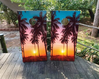 WATERPROOF & NON FADING Cornhole Wraps / Pink and Orange Beach Sunset / Custom Gift / Personalized Cornhole Wrap / Custom Beach Wedding