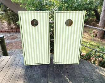 Sage Green & White Striped Cornhole Board Wraps – Waterproof, Laminated, Non-Fading Vinyl – Wedding, Baby Shower, Backyard Decor