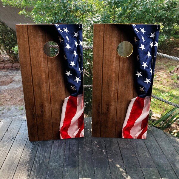 thumbnail image 2 of Cornhole Board Wrap – US Veteran American Flag With Bald Eagle – Honor Military Vets – 48.5x24.5, Adhesive Vinyl – Wrapped In Ink 2 of 5