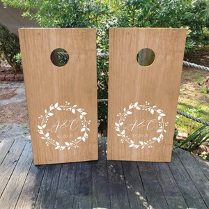 WATERPROOF & NON FADING Custom Wedding Cornhole Wraps / Natural Wood Grain / Elegant / Flower Wreath / Rustic / Personalized Wedding Gifts