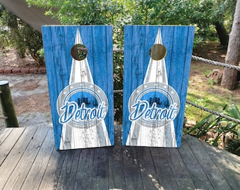 Envolturas para tableros de Cornhole resistentes al agua y a la decoloración - Grano de madera Detroit Skyline - Fáciles de aplicar, laminadas, resistentes a la intemperie, de alta calidad, reglamentarias