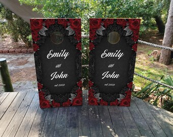 WATERPROOF & NON-FADING Custom Wedding Cornhole Wraps / Gothic Design with Roses and a Personalized Name and Date
