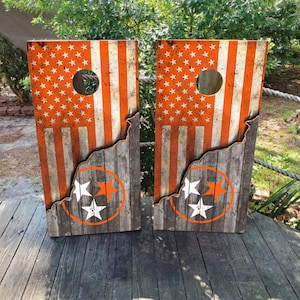 WATERPROOF Cornhole Board Wraps / USA Flag and Tennessee Flag on Wood Grain / Laminated and Non-Fading Cornhole Decals / Regulation Size