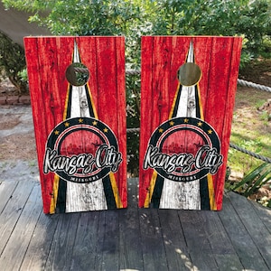 WATERPROOF & NON FADING Cornhole Board Wraps - Kansas City Wood Grain - Easy To Apply, Laminated, Weatherproof, High Quality, Pro