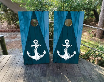 WATERPROOF & NON FADING Cornhole Board Wraps - Blue Nautical Sea Shell Design / Laminated / Weatherproof / Easy to Apply / High Quality